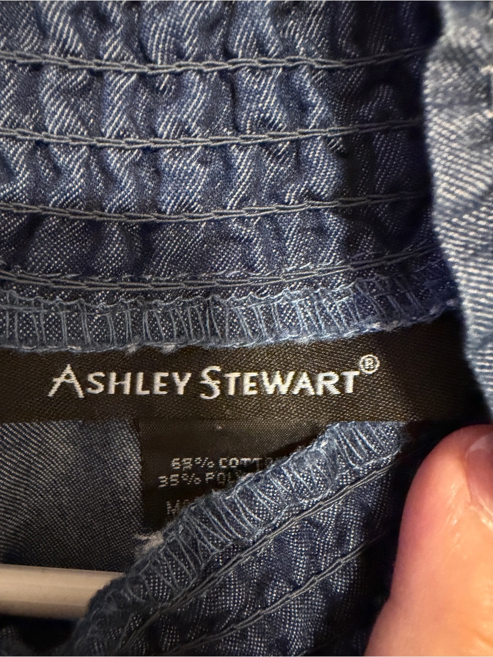 Ashley Stewart Denim Peplum Top Smocked Neck Puff Sleeves Blue Size 12/16 - Picture 3 of 12
